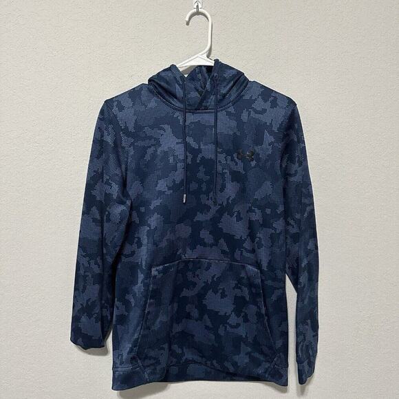 Under Armour Mens Coldgear Blue Camo Hoodie Sweatshirt Size Small Loose Fit - Picture 1 of 9